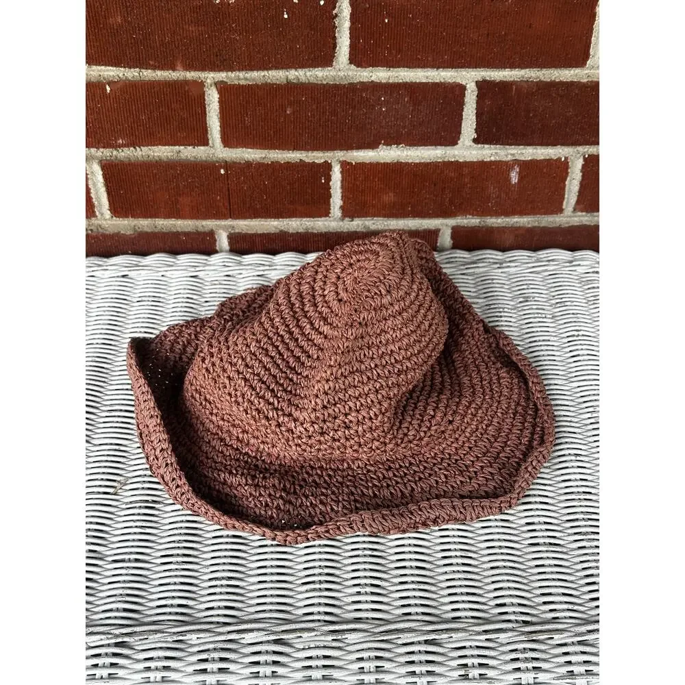 Brown Crochet Raffia Bucket Hat Wavy Brim Boho Festival Sun Hat - Picture 4 of 4